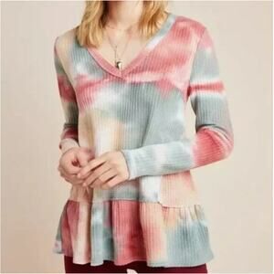 Anthropologie Eri + Ali Tallie Tie Dye Top Waffle Knit Green Pink Vneck L